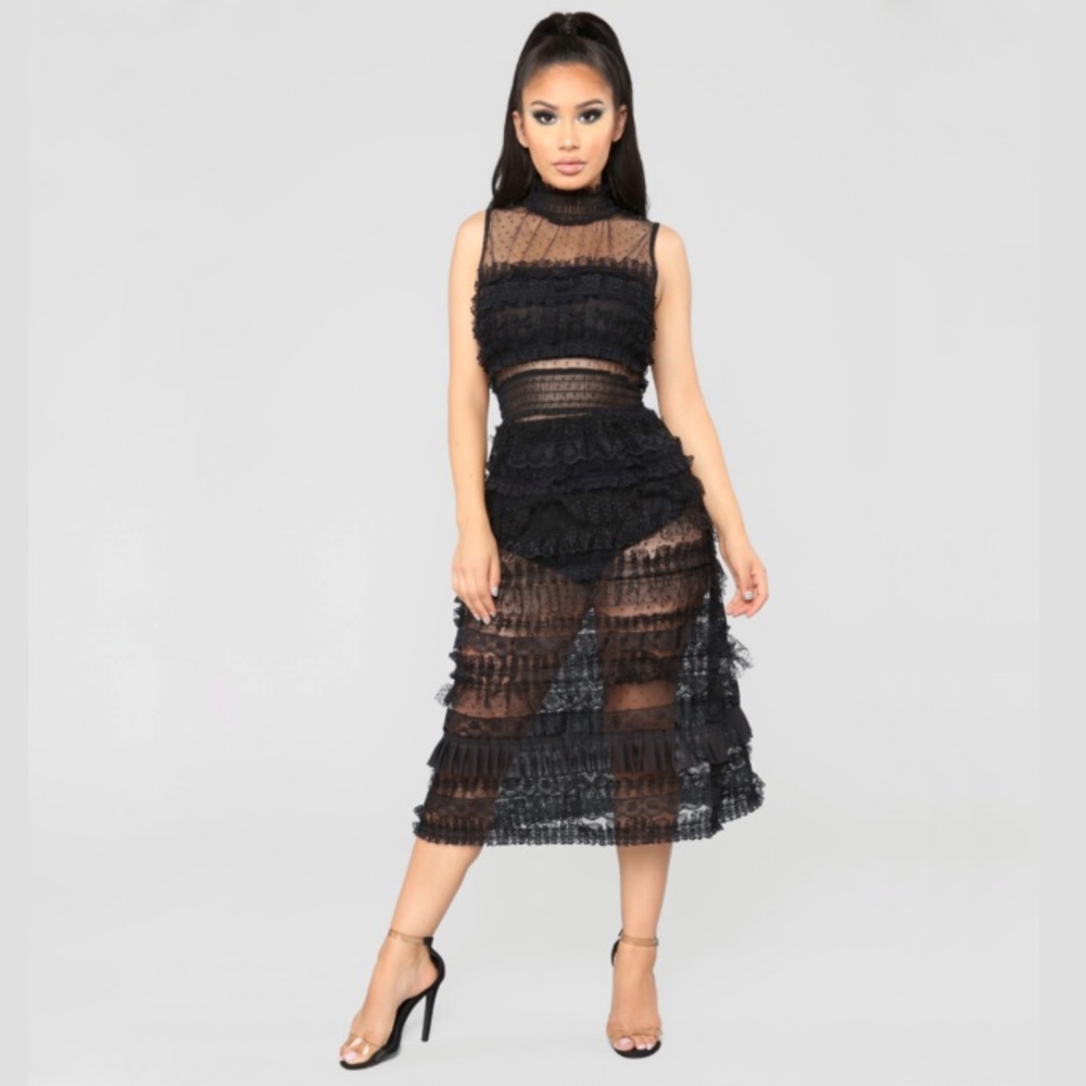 NWT Boutique Black Lace Ruffles Midi Sleeveless Polka Dot Cocktail Dress S